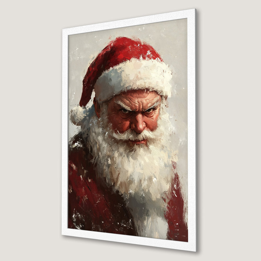 Framed Poster featuring an intense Santa Claus portrait in a painterly style, with a red, white, and neutral color palette. Perfect Christmas decor!