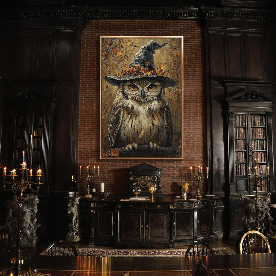 Framed Wall Art: Majestic owl in a witch hat, rich brown and gold tones. Perfect for adding a touch of gothic elegance to your home decor.