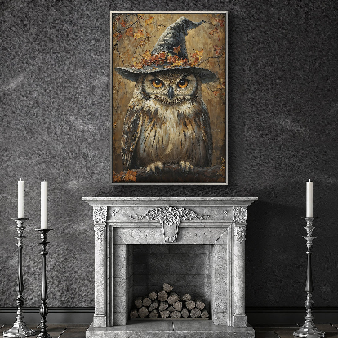 Framed Wall Art: Majestic owl in a witch hat, warm autumn tones. Perfect for Halloween decor! Add a touch of spooky elegance to your home.