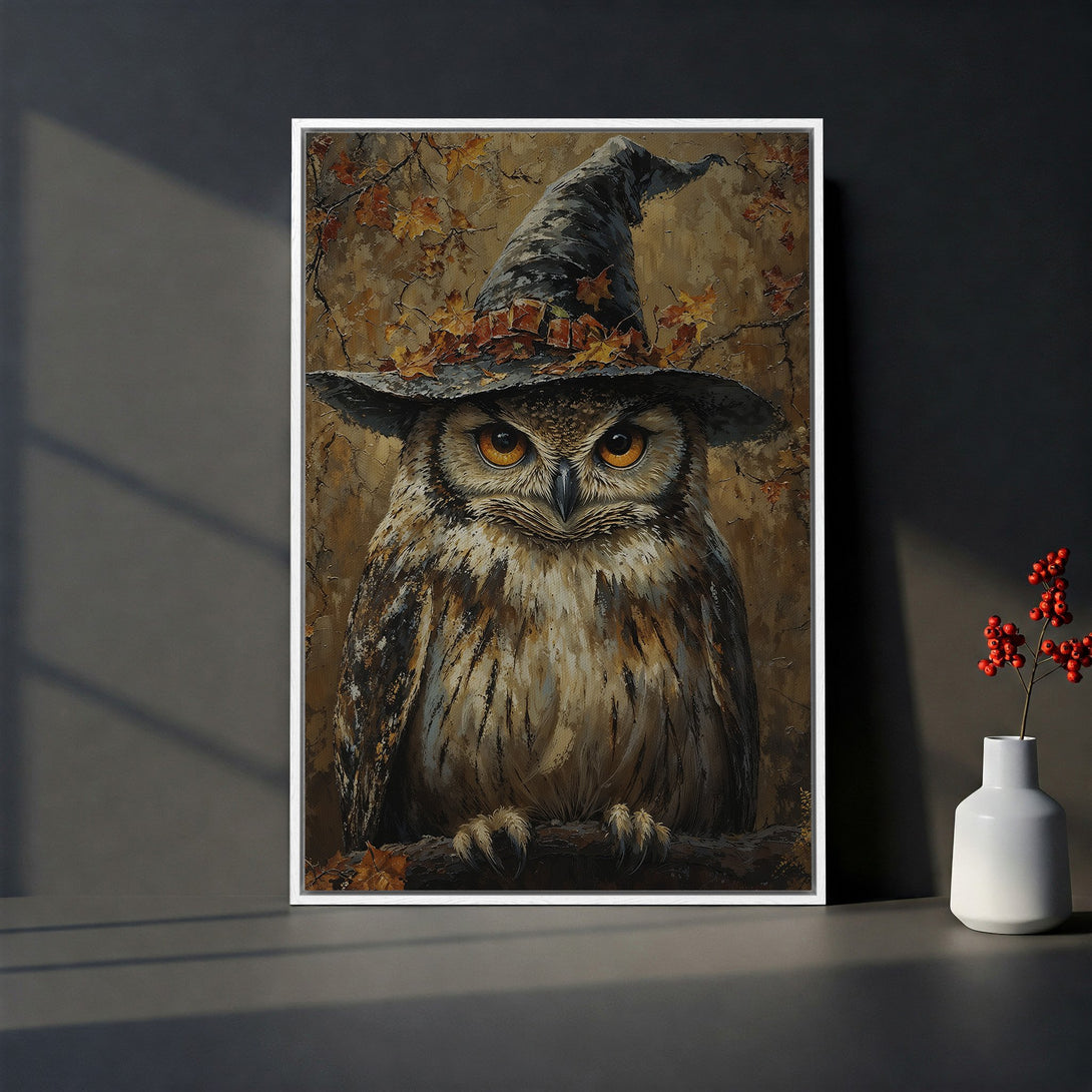 Framed Wall Art: Whimsical owl portrait in a witch hat. Rustic style with warm brown and orange tones, perfect for Halloween decor.