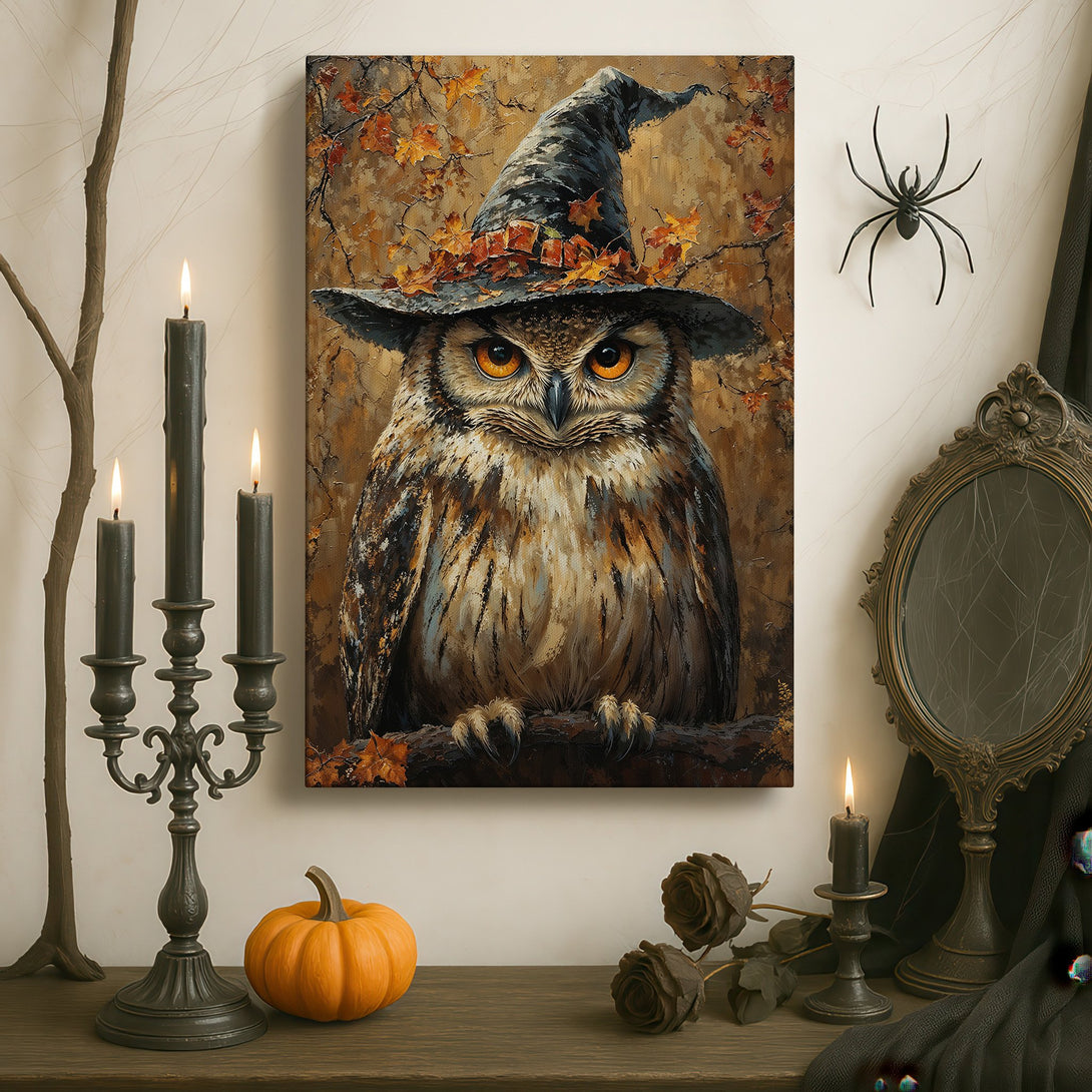 Framed Wall Art: Majestic owl wearing a witch hat, displayed in a classic interior. Warm, earthy tones create a cozy, Halloween-inspired vibe. Perfect for home decor!