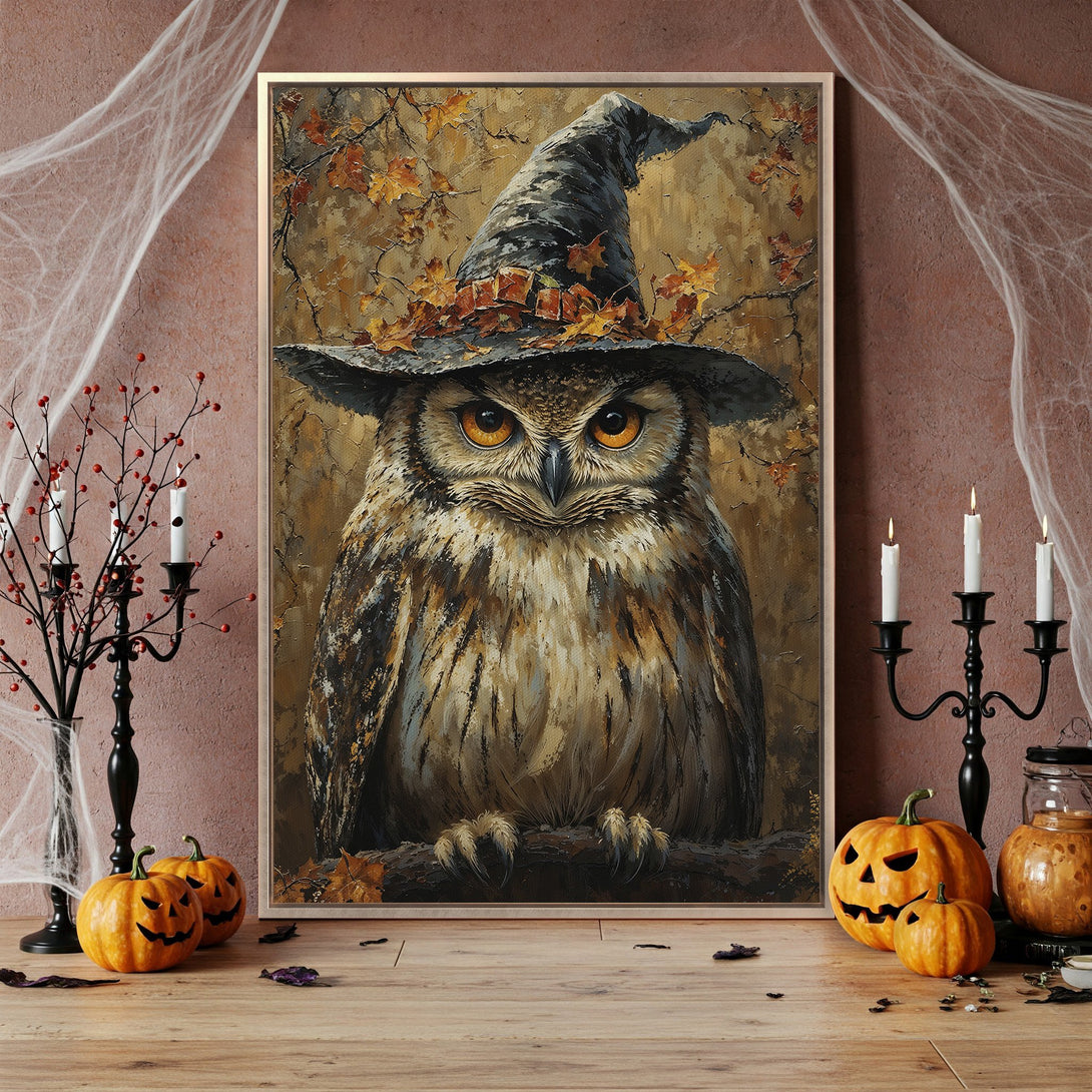 Framed Wall Art: Halloween owl portrait in warm earth tones. Perfect spooky decor for fall. Add a touch of magic to your home!