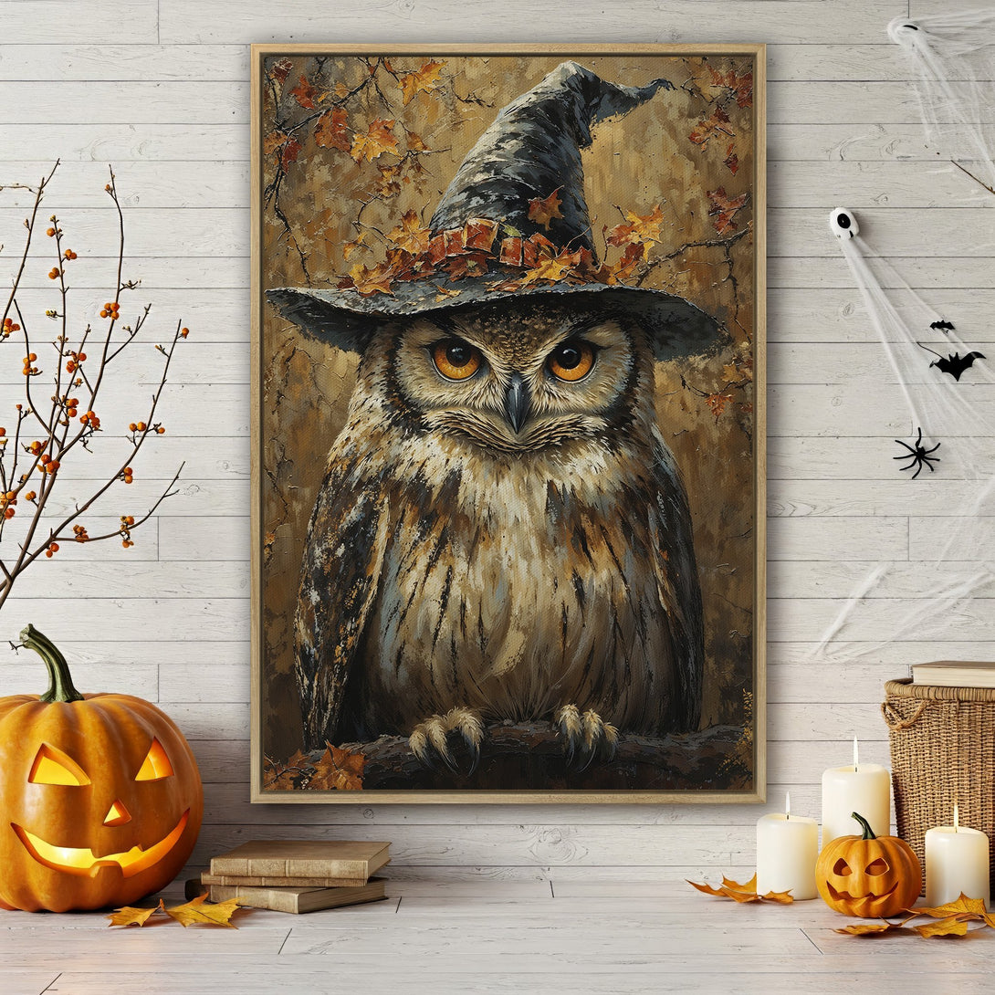 Framed Wall Art: Spooky owl in a witch hat, autumnal color palette. Perfect Halloween decor! Rustic style canvas print for your home.