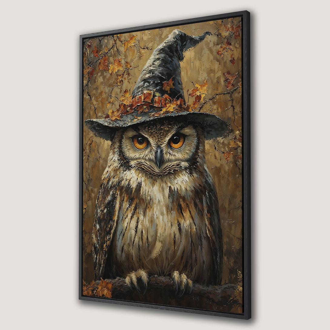 Framed Wall Art: Oil painting of an owl in a witch hat. Warm brown and gold color palette, perfect for Halloween decor. Add a touch of whimsy!