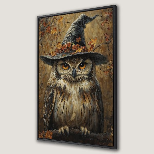 Framed Wall Art: Oil painting of an owl in a witch hat. Warm brown and gold color palette, perfect for Halloween decor. Add a touch of whimsy!