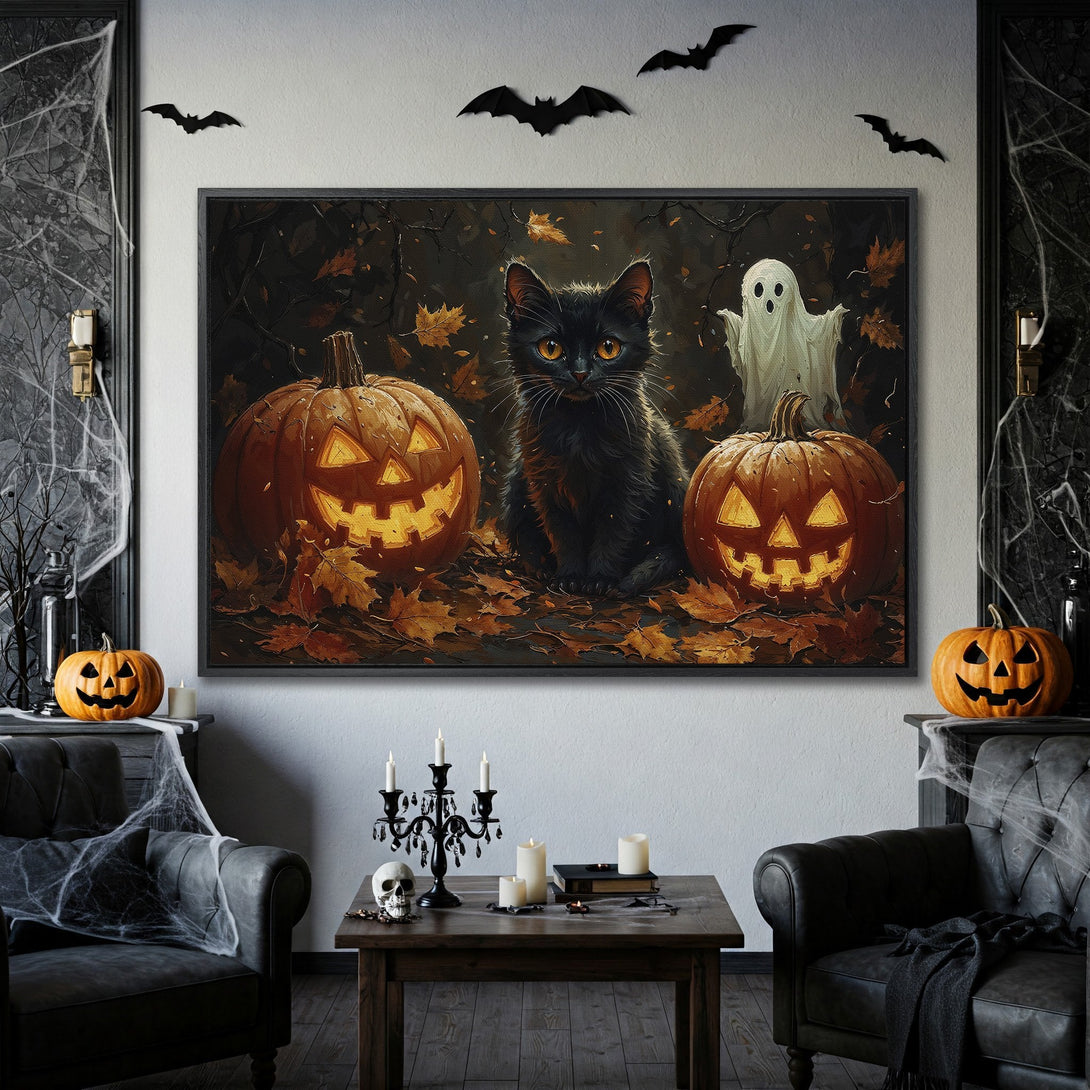 Framed Wall Art: Spooky Halloween scene with a black cat, pumpkins, and a ghost. Dark, warm color palette perfect for seasonal decor.