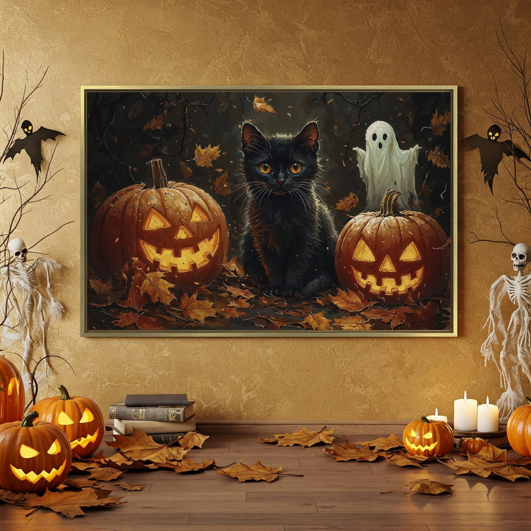 Halloween Canvas Print featuring a black cat, pumpkins, and ghost in a warm, autumnal color palette. Perfect spooky decor!