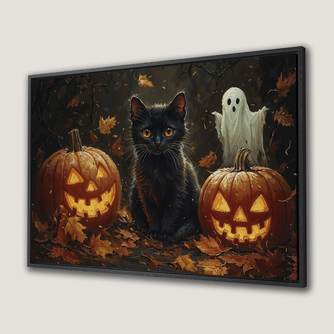 Framed Wall Art: Spooky Halloween scene with black cat, jack-o'-lanterns, and ghost. Warm, autumnal color palette. Perfect for seasonal decor!