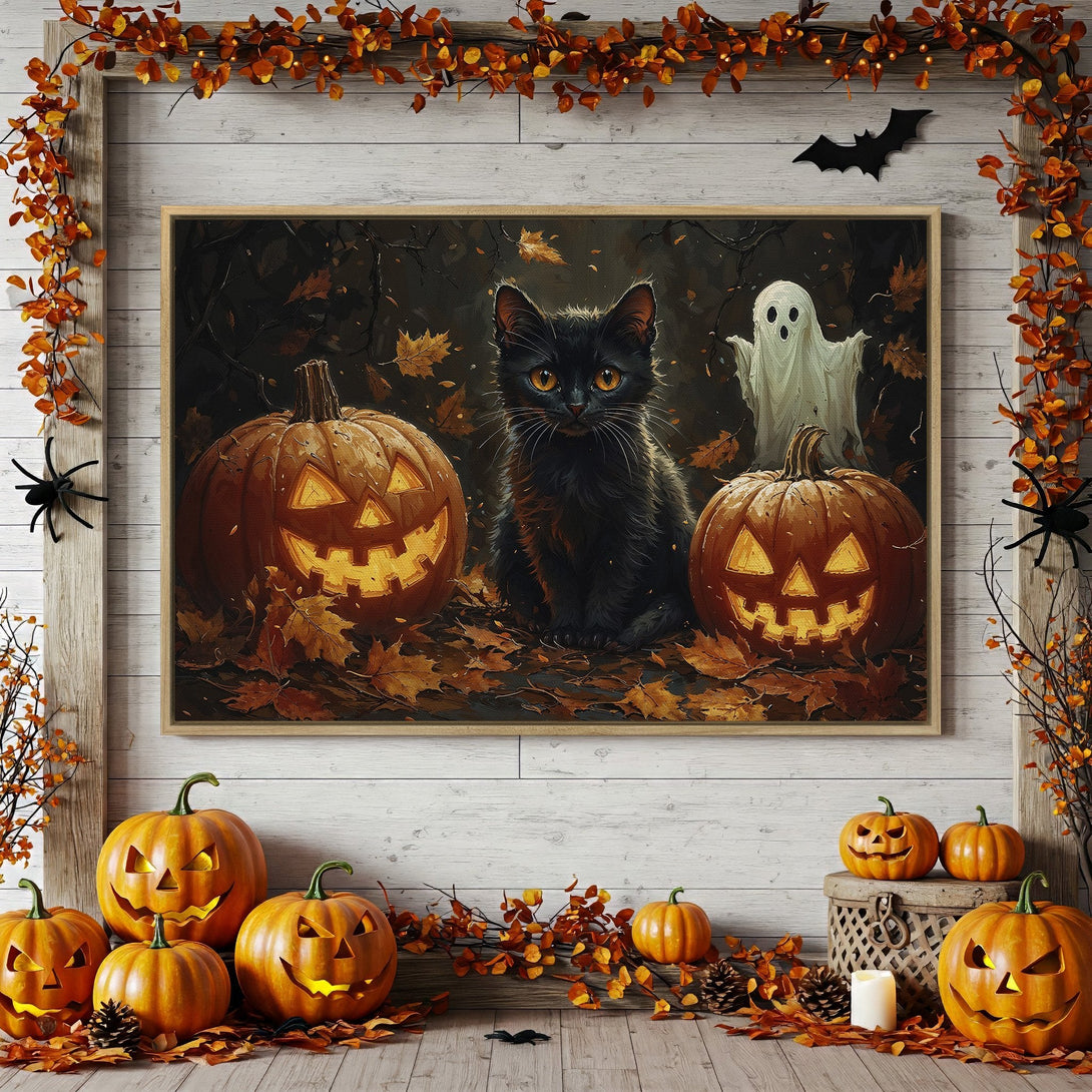 Framed Wall Art: Spooky Halloween scene with black cat, pumpkins, and ghost. Warm orange and brown color palette. Perfect for fall decor.