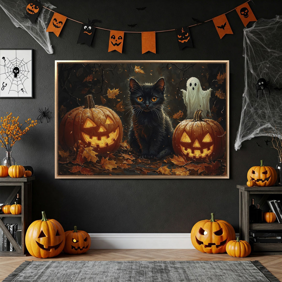 Framed Wall Art: Spooky Halloween scene with black cat, pumpkins, and ghost. Dark, warm color palette. Perfect for seasonal decor!