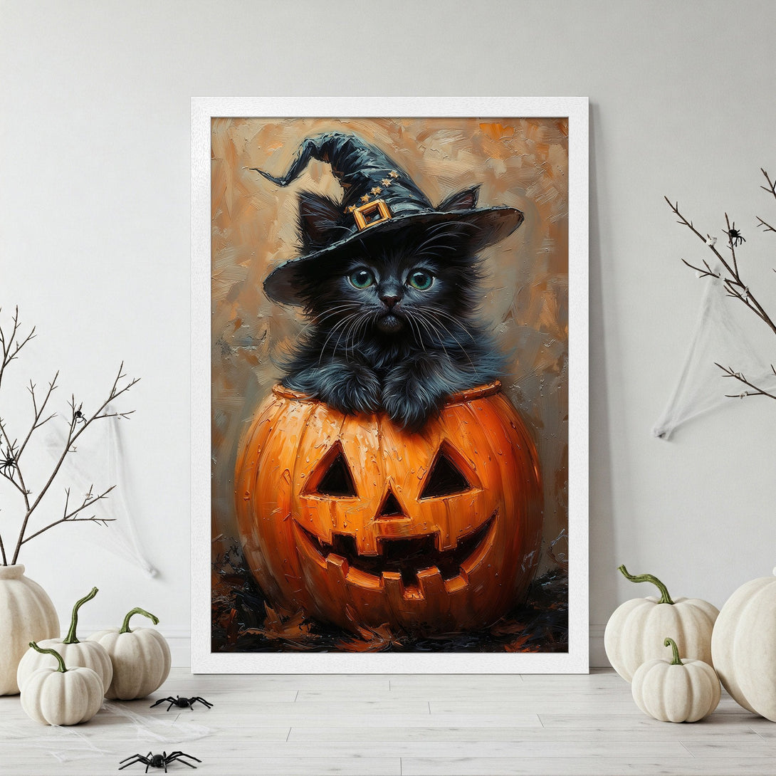 Framed Poster featuring a cute black cat in a pumpkin wearing a witch hat. Oil painting style, orange, black, and neutral color palette. Perfect Halloween decor!