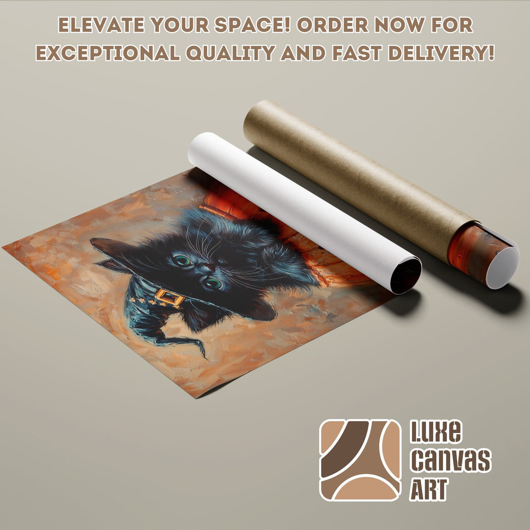 Poster Roll featuring a black cat oil painting in warm tones. Elevate your space with this unique art piece!