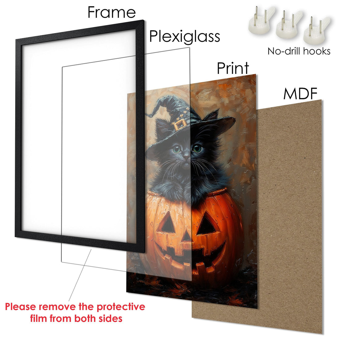 Framed Poster featuring a Halloween cat in a pumpkin. Warm orange and brown color palette, whimsical style. Perfect seasonal decor!