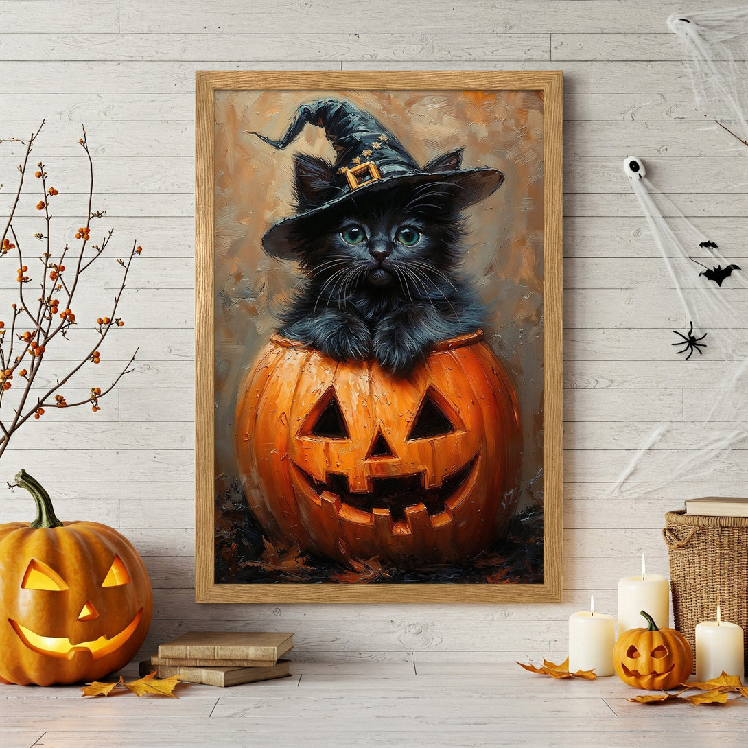 Framed Poster of a black cat in a pumpkin, oil painting style, warm orange & black Halloween decor.