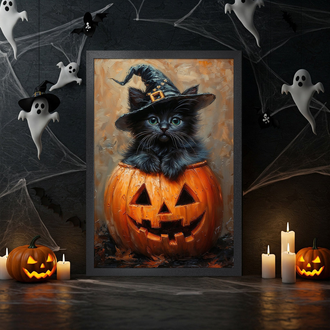 Framed Poster featuring a cute black cat in a pumpkin, oil painting style, Halloween decor, orange and black palette.