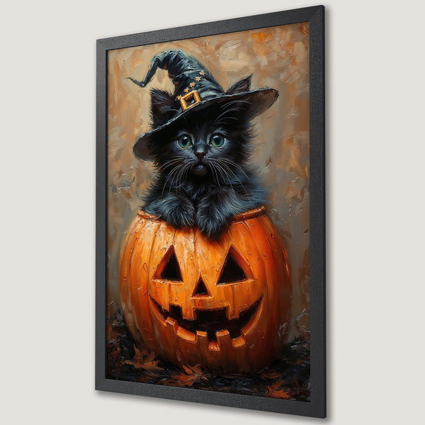 Framed Poster of a Halloween cat in a pumpkin. Artistic style with orange, black, and brown color palette. Perfect spooky decor!