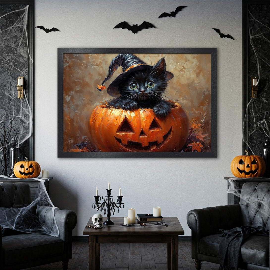 Framed Poster featuring a cute black cat in a pumpkin, perfect Halloween decor! Warm orange and brown tones, whimsical style.