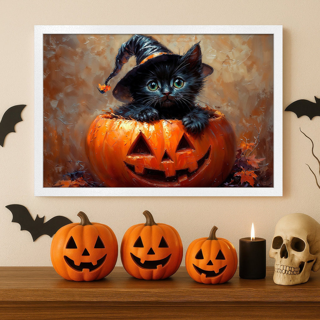 Framed Poster featuring a cute black cat in a pumpkin, Halloween art, warm orange and brown tones.