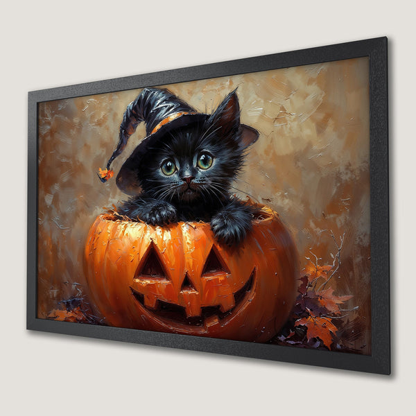 Framed Poster featuring a cute black cat in a pumpkin, painted in a warm, autumnal color palette. Perfect Halloween decor!