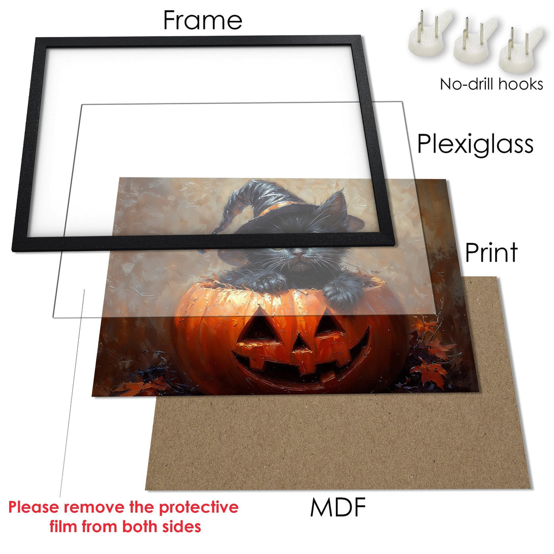 Framed Poster featuring a black cat in a pumpkin, warm autumn tones. Perfect Halloween decor!