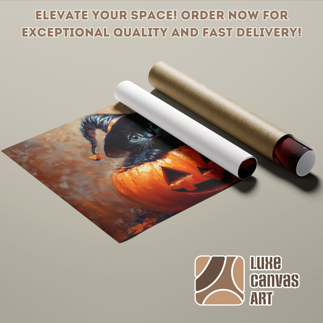 Halloween Poster Roll featuring a black cat in an orange pumpkin, warm color palette, perfect for spooky decor.
