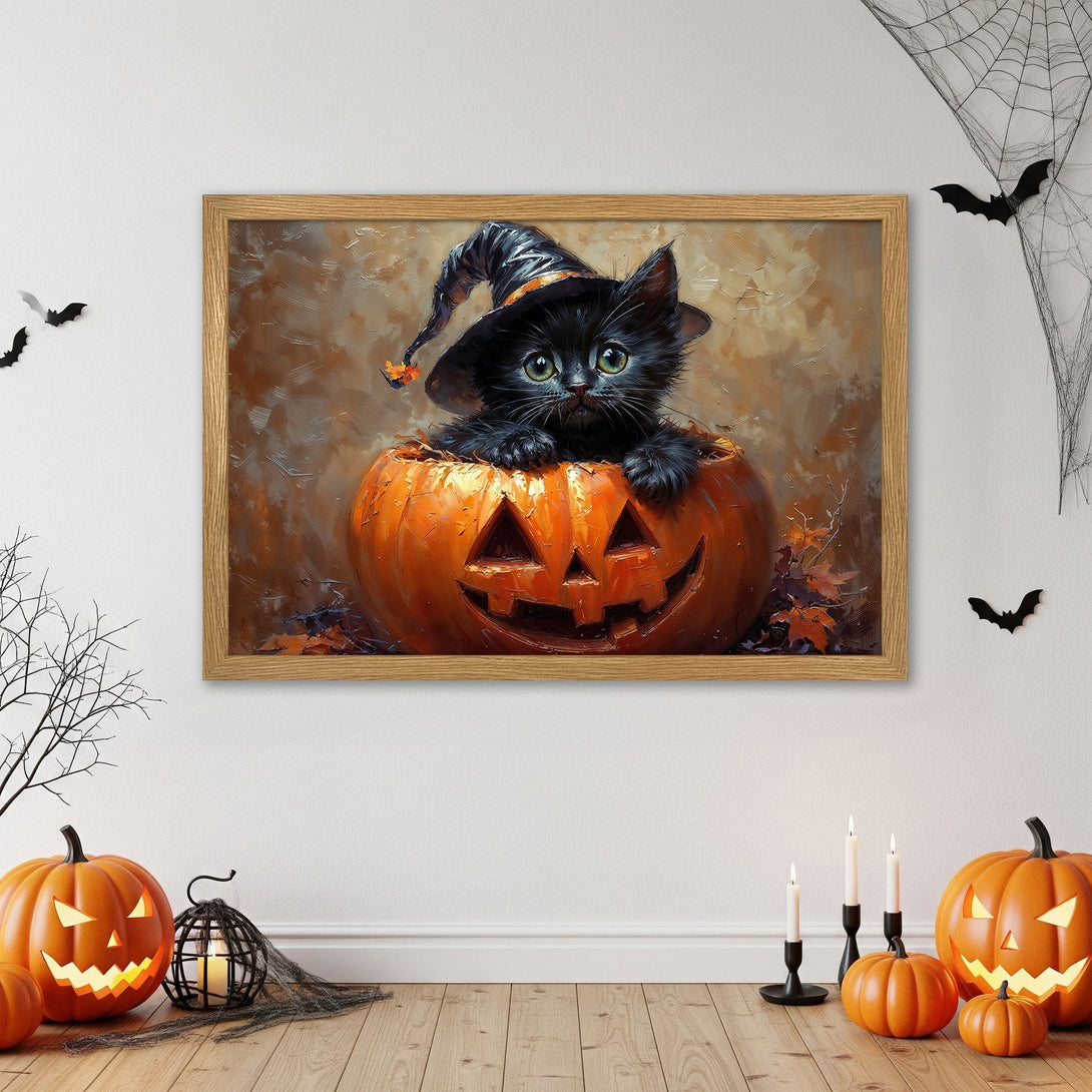 Framed Poster featuring a black cat in a pumpkin, oil painting style, warm orange and brown color palette. Perfect Halloween decor!