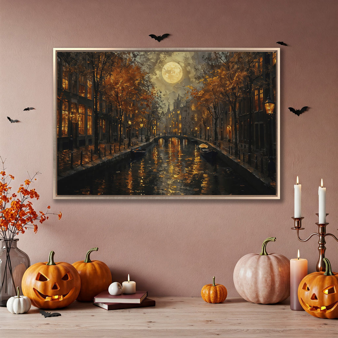 Framed Wall Art: Autumn canal scene with warm orange & gold hues. Perfect for Halloween decor! Adds cozy, artistic style to any space.
