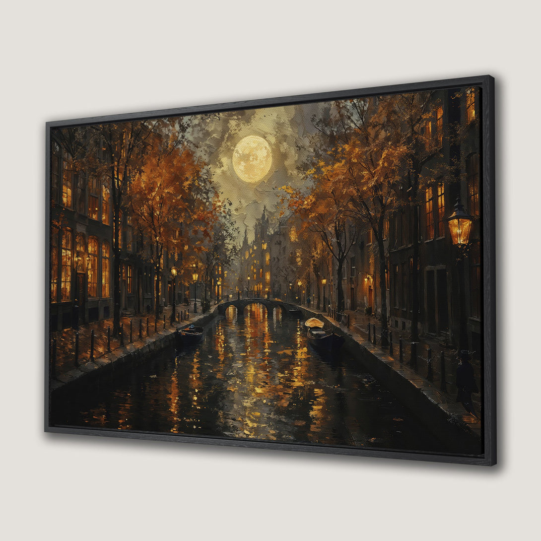 Framed Wall Art: Romantic canal scene at night with a full moon, warm golden tones. Perfect for adding a touch of elegance to your home.
