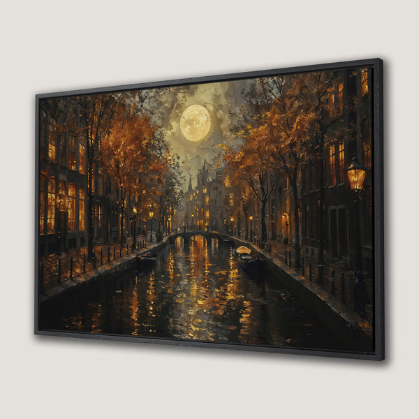 Framed Wall Art: Romantic canal scene at night with a full moon, warm golden tones. Perfect for adding a touch of elegance to your home.