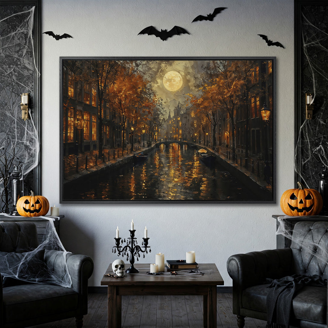 Framed Wall Art: Autumn canal scene in warm orange & gold tones. Perfect for Halloween decor! Add cozy style to your home.