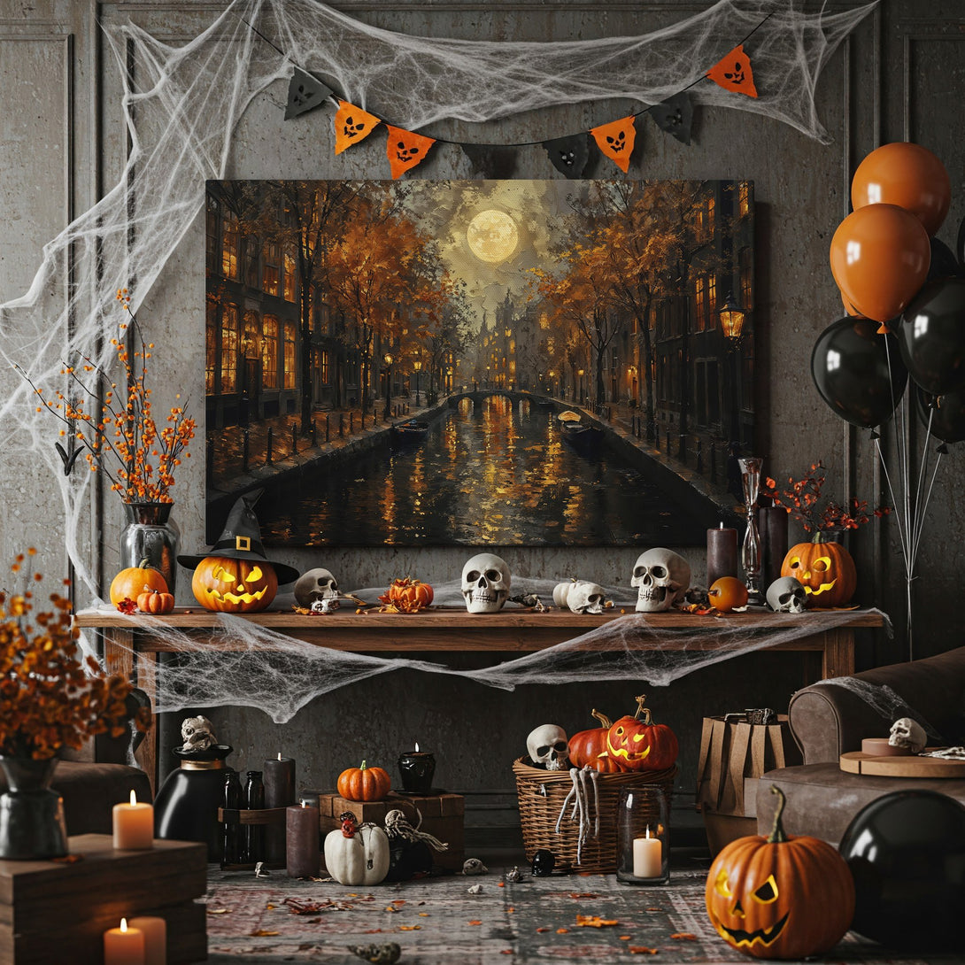 Framed Wall Art: Spooky canal scene in warm autumnal tones. Perfect Halloween decor!  Oil painting style with a golden frame.