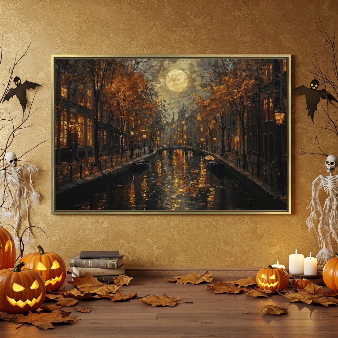 Canvas Print of a moonlit canal scene in warm autumn tones, perfect for Halloween decor. Add spooky charm to your space!