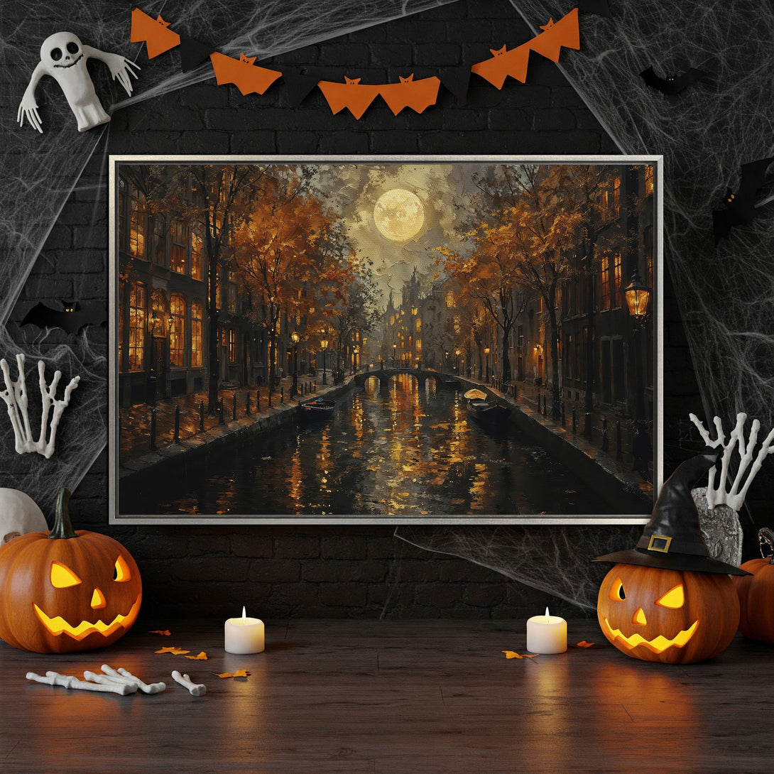 Framed Wall Art: Autumn canal scene with warm orange and gold hues. Perfect Halloween decor! Add this canvas print to your home for a spooky touch.