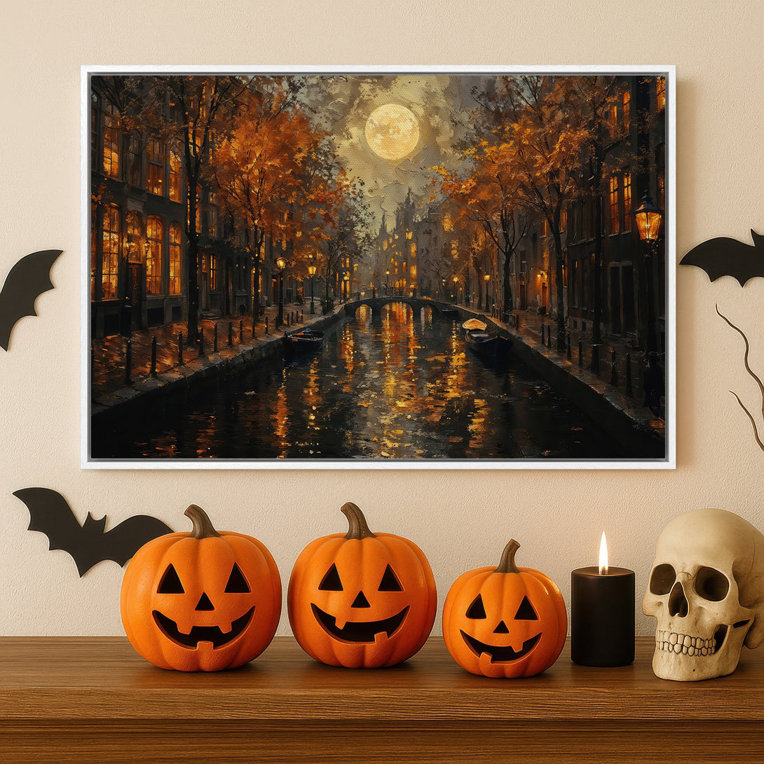 Framed Wall Art: Autumn canal scene with warm orange and gold tones. Perfect for fall decor! Enhance your space with this beautiful Canvas Print.