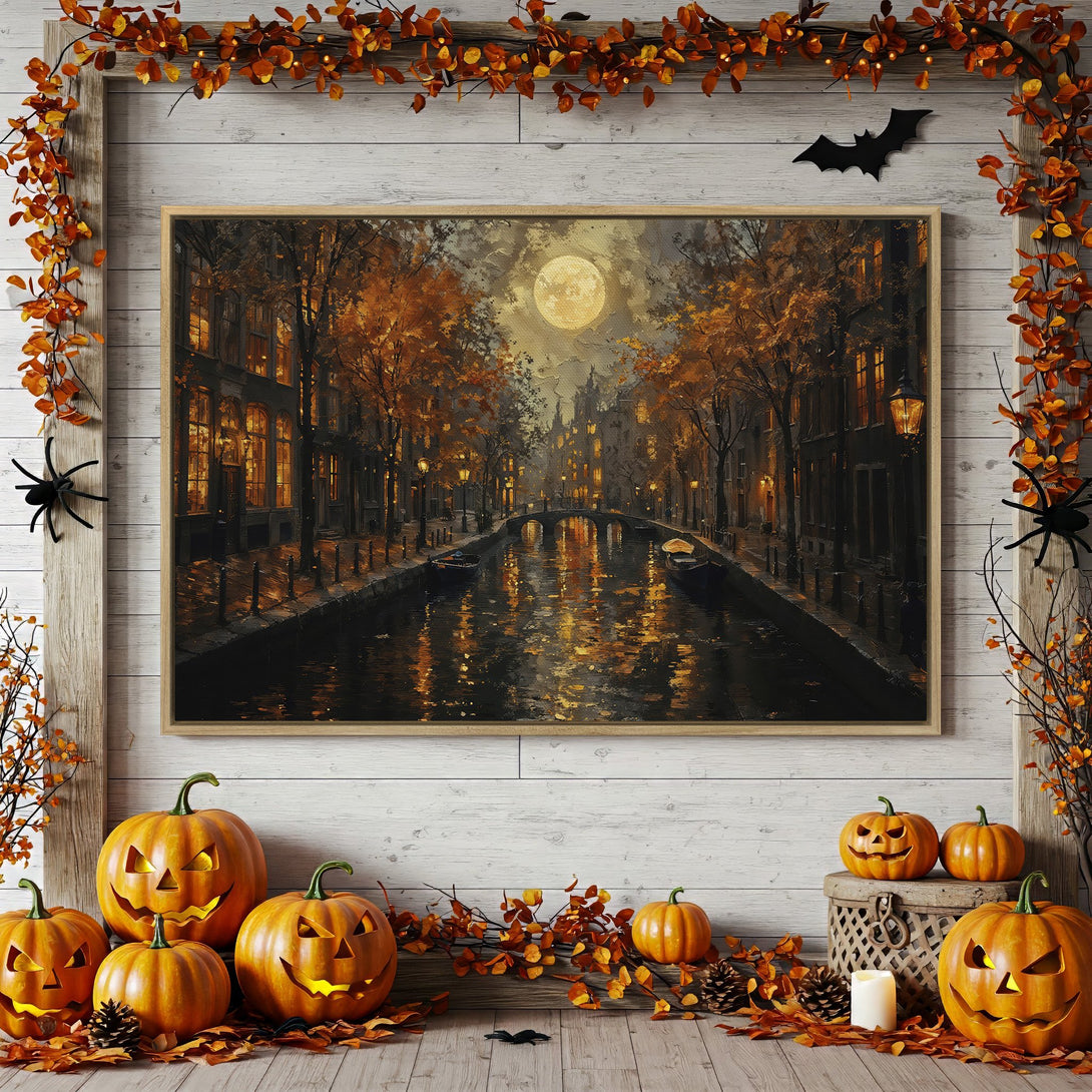 Framed Wall Art: Autumn canal scene with warm orange and gold tones. Perfect Halloween decor Canvas Print for cozy fall vibes.