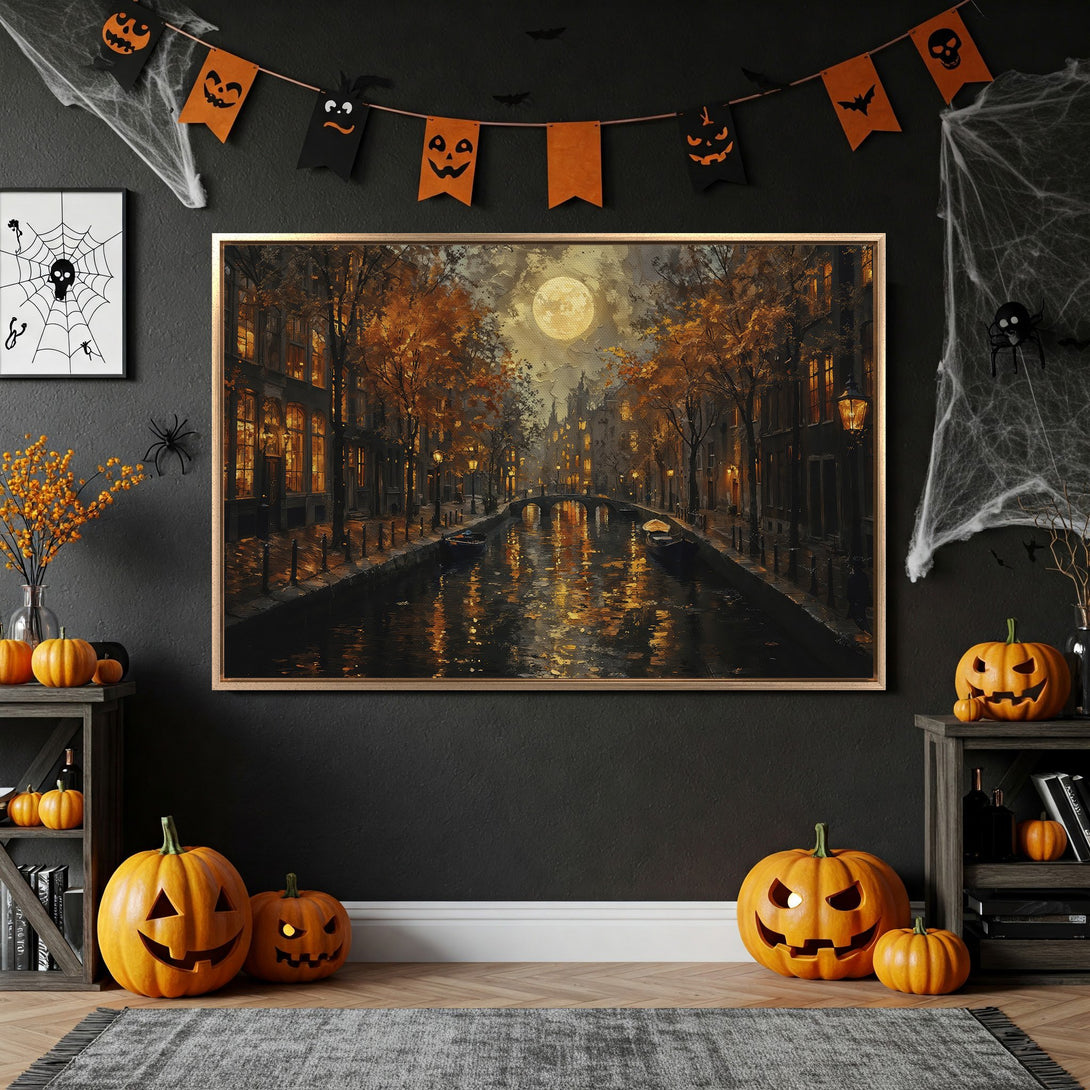 Framed Wall Art: Autumn canal scene with warm orange and gold tones. Perfect for Halloween decor, this canvas print adds a cozy, artistic touch to any space.