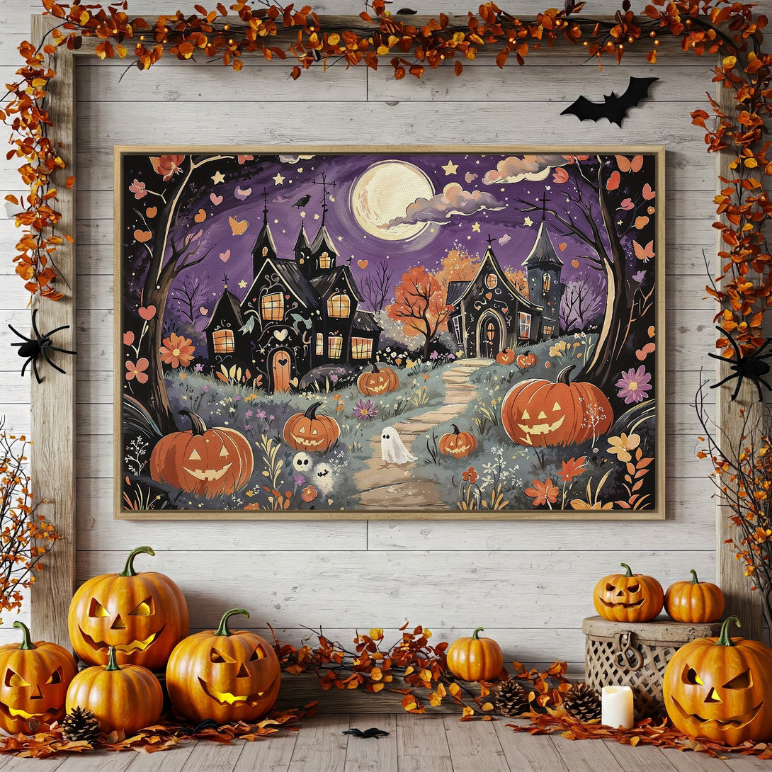 Framed Wall Art: Halloween scene with haunted house, pumpkins, and ghost. Purple, orange, and black color palette. Perfect spooky decor for your home.