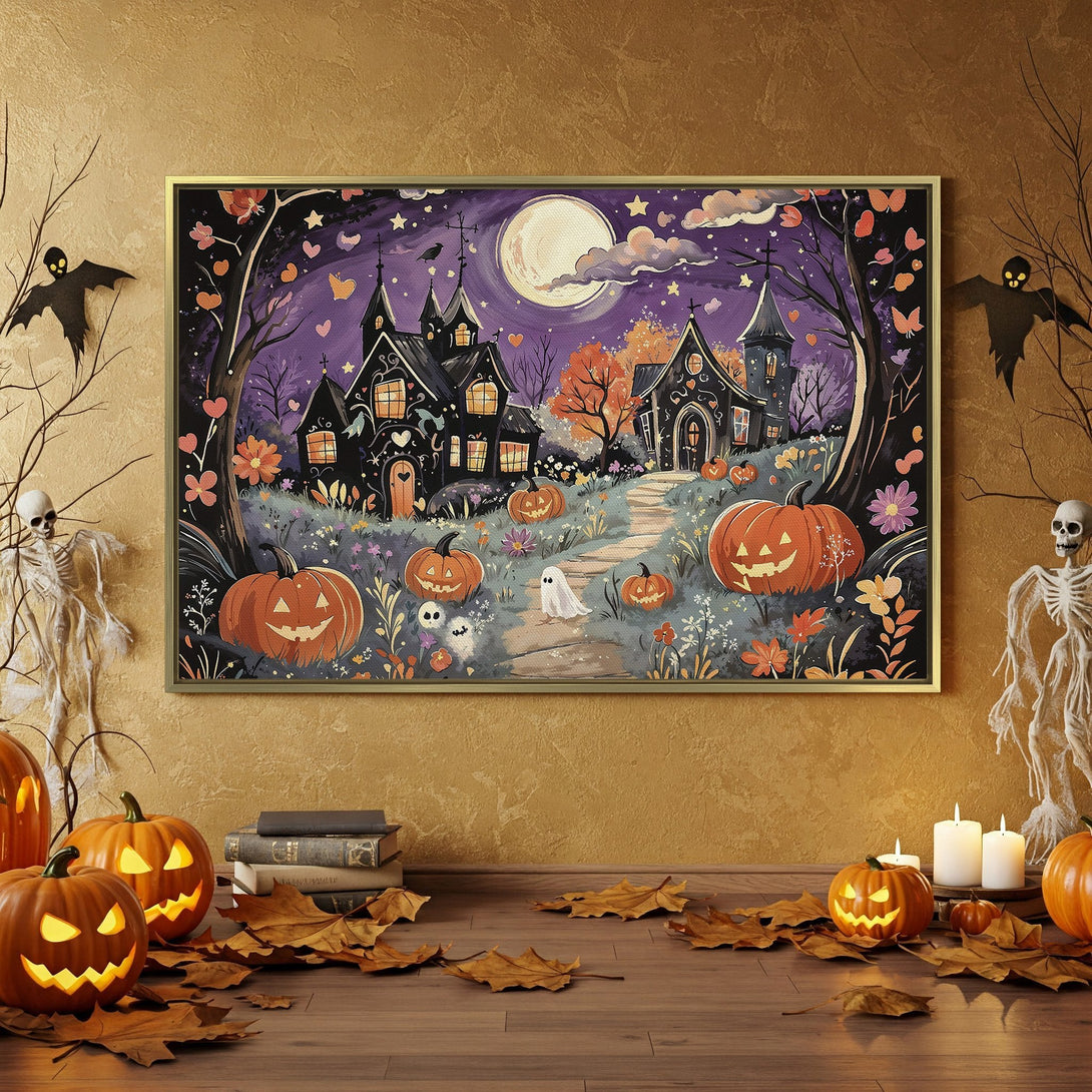 Canvas Print: Spooky Halloween art with a haunted house scene in a purple and orange color palette. Perfect for seasonal decor!