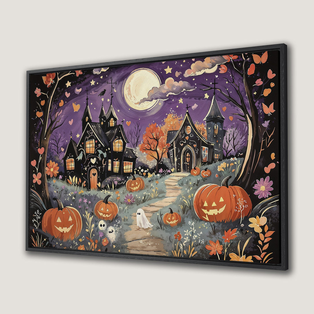 Framed Wall Art: Spooky Halloween scene with haunted houses, pumpkins, and a full moon. Watercolor style with purple, orange, and black color palette. Perfect for fall decor.