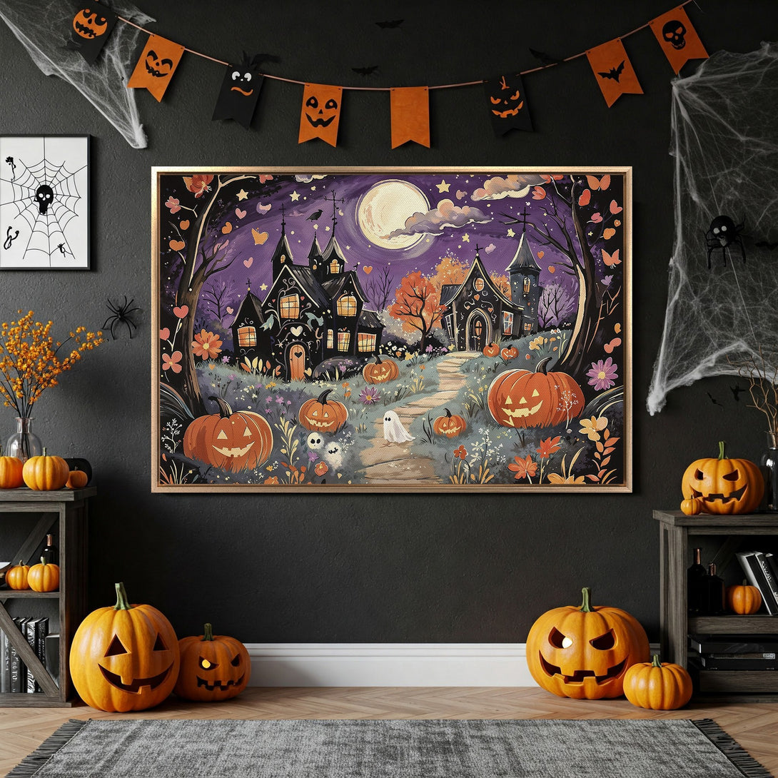 Framed Wall Art: Spooky Halloween scene with pumpkins, haunted houses, and a purple and orange color palette. Perfect for festive home decor!