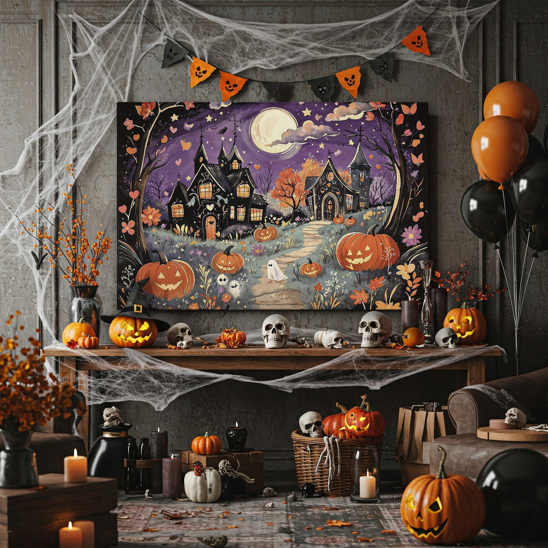 Framed Wall Art: Spooky Halloween scene with black houses, pumpkins, and a purple sky. Perfect for autumn decor.
