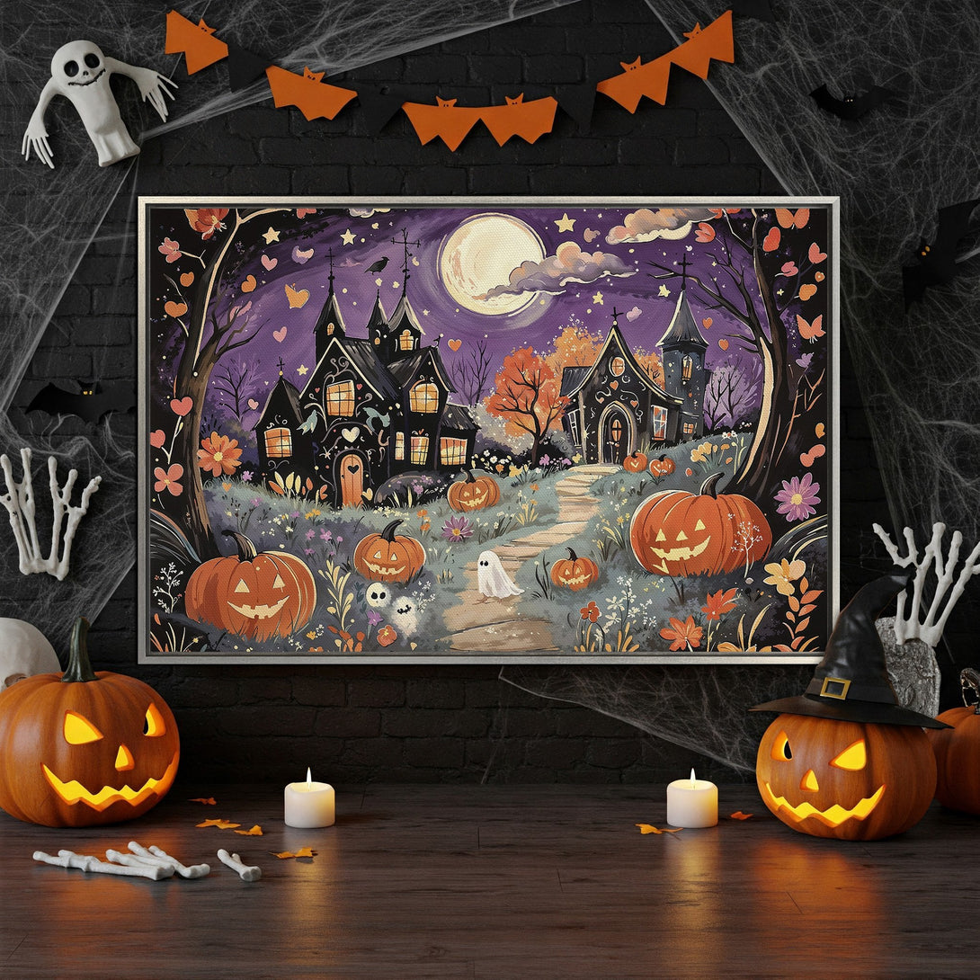 Framed Wall Art: Spooky Halloween scene with haunted houses, pumpkins, and a full moon. Purple, orange & black color palette. Perfect holiday decor!