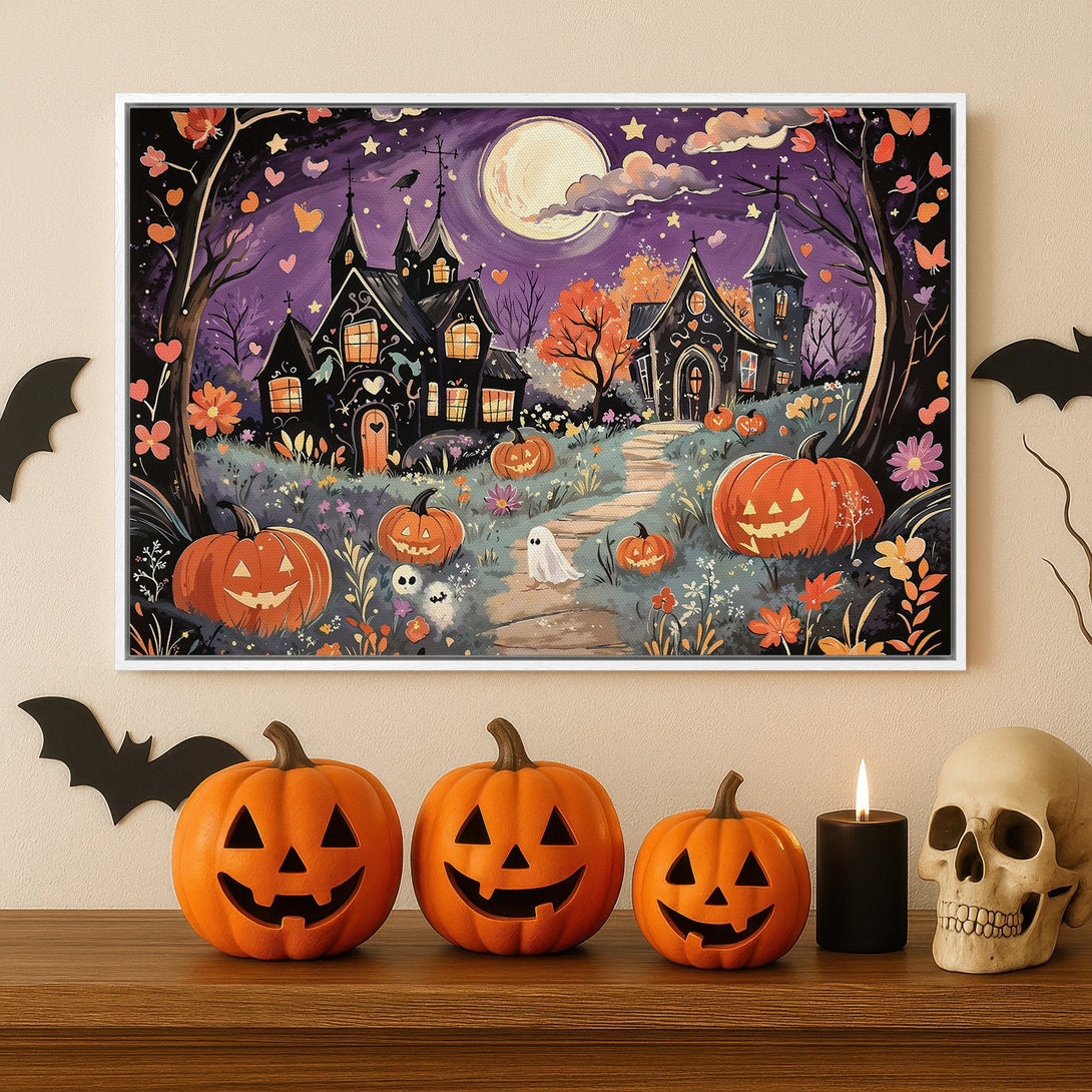 Framed Wall Art: Whimsical Halloween scene with pumpkins, spooky houses, and a full moon. Purple, orange, and black color palette. Perfect for fall decor!