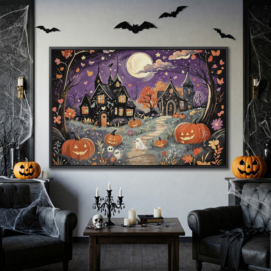 Framed Wall Art: Spooky Halloween scene with pumpkins, haunted houses, and bats, in a whimsical style with purple and orange hues.