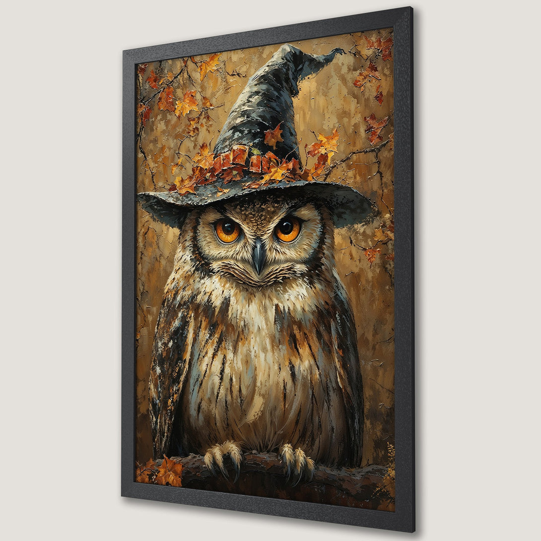 Framed Poster of an owl wearing a witch hat, painted in a textured style with a warm brown and orange color palette. Perfect Halloween decor!