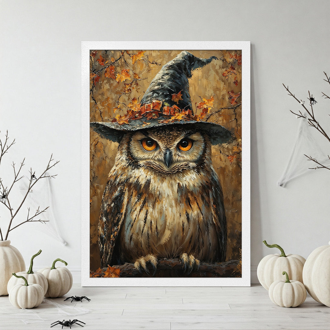 Framed Poster featuring a whimsical owl in a witch hat, painted in an impressionistic style with a warm, autumnal color palette. Perfect Halloween decor!