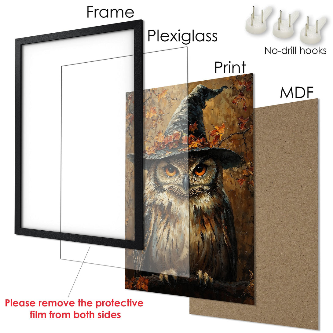 Framed Poster featuring an owl in a witch hat, painted in a warm, autumnal palette. Perfect wall art for your home!