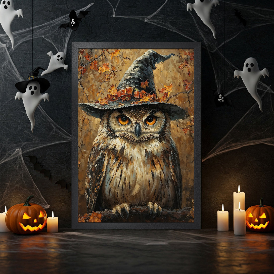 Framed Poster featuring a Halloween owl in a witch hat, with a warm, earthy color palette and a spooky style. Perfect for fall decor!