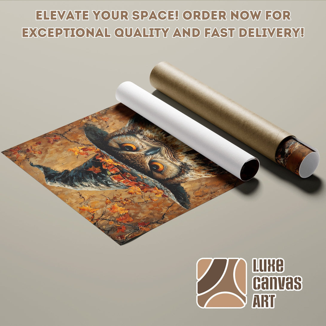 Owl art poster roll, warm autumn colors, perfect for home decor. Order now!