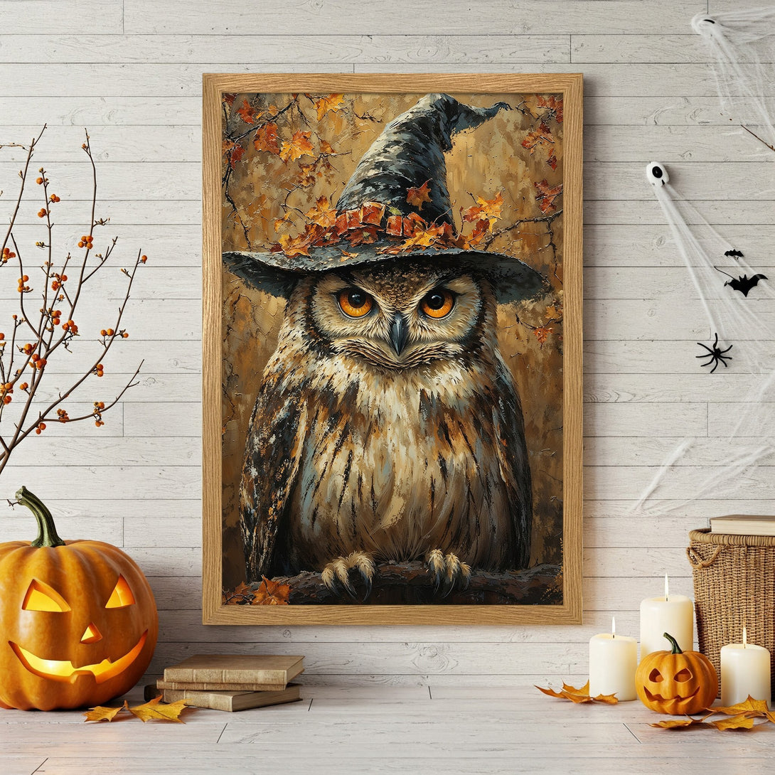 Framed Poster featuring a whimsical owl in a witch hat, autumnal style with warm brown and orange tones, perfect Halloween decor.